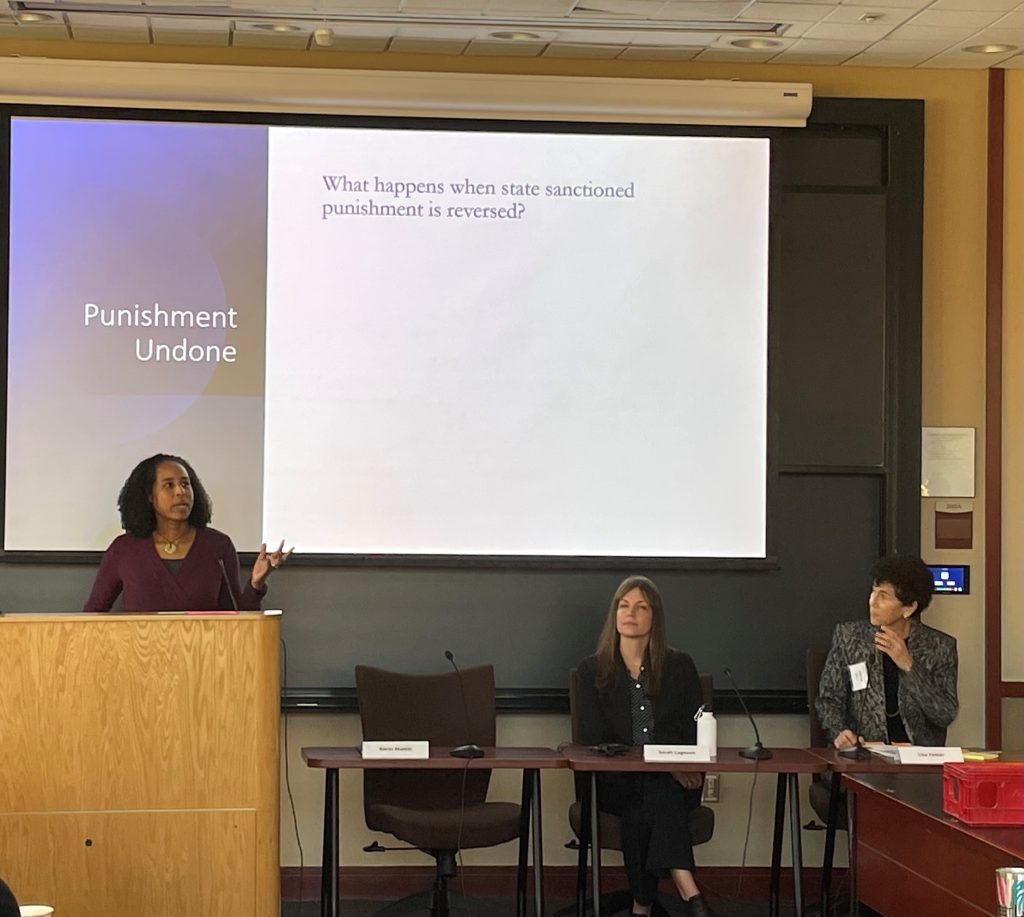 Access to Justice Scholars Karin Martin (University of Washington) and Sarah Lageson (Rutgers University) presenting their research at the ABF/JPB Access to Justice Scholars Showcase.